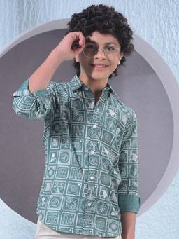 CRIMSOUNE CLUB - Boy's Green Motif Print Shirt