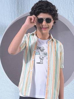 CRIMSOUNE CLUB - Boy's Green Vertical Striped Shirt with T-shirt