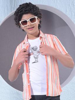 CRIMSOUNE CLUB - Boy's Peach Vertical Striped Shirt with T-shirt
