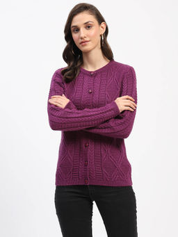 Madame - Round Neck Button Down Plum Cardigan