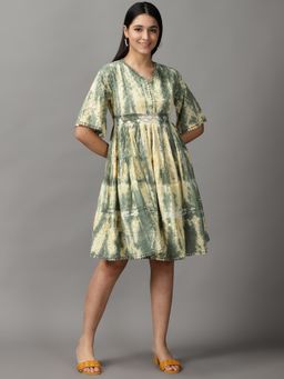 SHOWOFF - Womens V-Neck Knee Length Olive Tie And Dye Dress