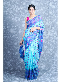 CHARUKRITI - Floral Weaving Blue Jamdani Saree with Unstitched Blouse