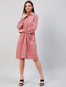 Marie Claire - Women Casual Peach Colour Knee Length Checked Dress