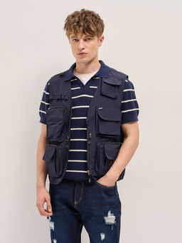 The Bear House - Men Navy Blue Regular Fit Nylon Sleeveless Waistcoat