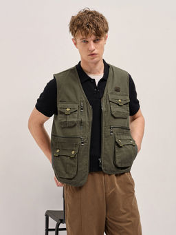 The Bear House - Men Olive Regular Fit Cotton Sleeveless Waistcoat