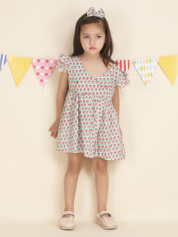 Polka Tots - Girls Green Floral Dress with Headband (Set of 2)