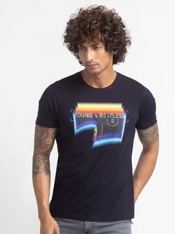 Spykar - Navy Blue Cotton Half Sleeve Printed Casual T-shirt For Men