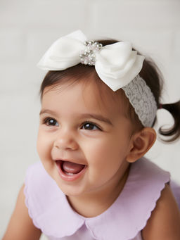 Choko - Kids Adjustable Lace Bow Hairband with Pearls and Silver Crystals-White