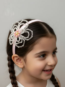 Choko - Blue Floral Beaded Hairband with Pearls Pink Off White