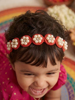 Choko - Christmas Red Floral Headband for Baby Girls - Pearl & Diamond Embellished Kids Hair Accessory