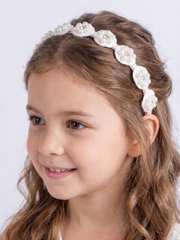 Choko - Satin Floral Hairband with Pearls & Lace – White Pink Festive & Wedding Look