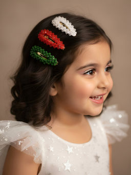 Choko - Set of 3 Christmas Hair Clips for Girls, Christmas Kids Accessory, Santa Red, Green & White