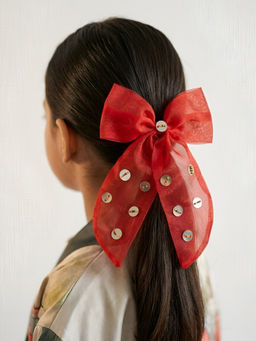 Choko - Christmas Organza Bow Hair Clip in Santa Red & Silver. Xmas Kids Hair Accessory for Girls