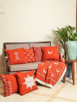 Crown of Poppies - Rust Terracotta Woven Cotton Warli Art Cushion Cover & Throw Combo - Set Of 7