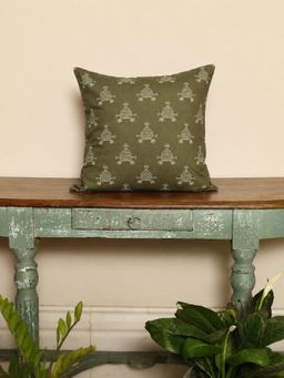 Crown of Poppies - Charcoal Olive Cotton Geometric Block Print Cushion Cover - Single