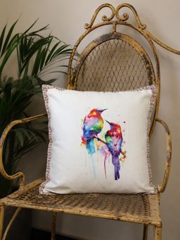 Crown of Poppies - Cream Cotton Watercolor Rainbow Birds Cushion Cover - Single