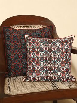 Crown of Poppies - Black & Cream Cotton Persian Medallion Cushion Covers - Set Of 2
