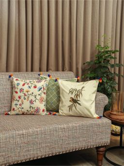 Crown of Poppies - Cream & Sage Green Cotton Bird & Floral Cushion Covers With Tassels - Set Of 3