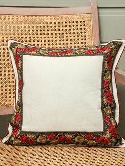 Crown of Poppies - Cream Cotton Mughal Floral Border Cushion Cover - Single