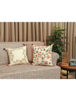 Crown of Poppies - Cream Cotton Bird & Floral Cushion Covers With Tassels - Set Of 3