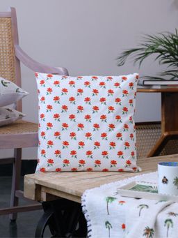 Crown of Poppies - White Cotton Red Rose Booti Cushion Cover - Single