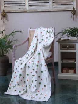 Crown of Poppies - White Cotton Tropical Palm Tree Printed Sofa Throw Blanket
