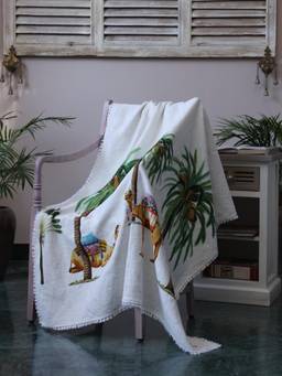 Crown of Poppies - Off-White Woven Cotton Camel & Palm Tree Sofa Throw Blanket