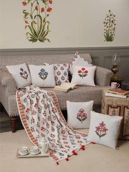 Crown of Poppies - Cream Cotton Mughal Floral Booti Cushion Cover & Throw Combo - Set Of 8