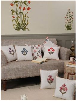 Crown of Poppies - Cream Cotton Mughal Floral Booti Cushion Covers - Set Of 7