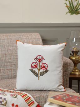 Crown of Poppies - White Cotton Mughal Floral Booti Cushion Cover - Single