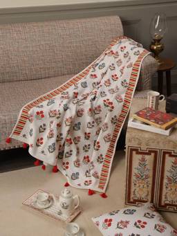 Crown of Poppies - Off-White Woven Cotton Mughal Floral Booti Sofa Throw Blanket