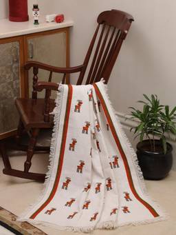 Crown of Poppies - White Woven Cotton Reindeer & Stripe Christmas Sofa Throw Blanket
