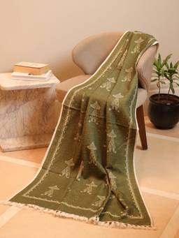 Crown of Poppies - Olive Green Cotton Warli Art Sofa Throw Blanket With Fringes