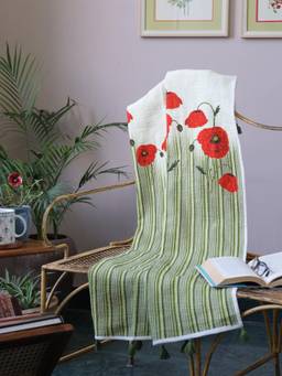 Crown of Poppies - Cream & Green Cotton Red Poppy Floral Sofa Throw Blanket With Tassels