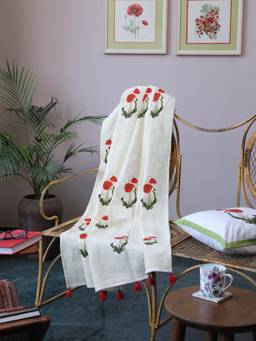 Crown of Poppies - Cream Cotton Red Poppy Floral Stem Sofa Throw Blanket With Tassels
