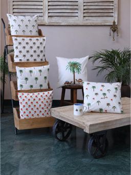 Crown of Poppies - White Cotton Desert Safari & Palm Tree Cushion Covers - Set Of 6