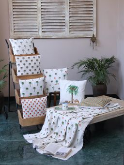 Crown of Poppies - White Cotton Tropical Palm Tree Cushion Cover & Throw Combo - Set Of 8
