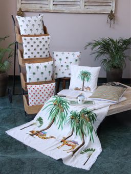 Crown of Poppies - White Woven Cotton Camel Safari Cushion Cover & Throw Combo - Set Of 8