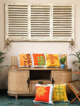 Crown of Poppies - Multicolor Cotton Aztec Tribal Cushion Covers - Set Of 5