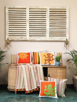Crown of Poppies - Multicolor Aztec Tribal Cotton Cushion Cover & Throw Combo - Set Of 6