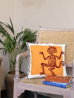 Crown of Poppies - Mustard Orange Aztec Monkey Tribal Cotton Cushion Cover - Single