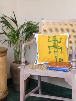 Crown of Poppies - Yellow & Green Aztec Totem Tribal Cotton Cushion Cover - Single