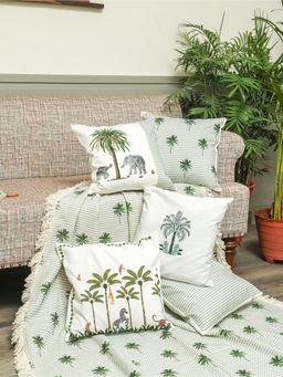 Crown of Poppies - Sage Green Cotton Tropical Elephant & Palm Cushion Cover & Throw Combo - Set Of 6