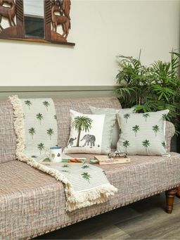 Crown of Poppies - Green Cotton Tropical Elephant Cushion Cover & Throw Combo - Set Of 4