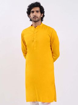 Vastramay - Mens Cotton Yellow Solid Kurta