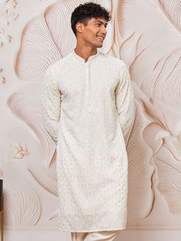Vastramay - Mens Off White Silk Blend Embroidered Sequined Kurta