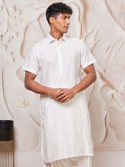 Vastramay - Mens White Sequined Shirt Collar Pathani Kurta