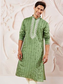 Vastramay - Mens Silk Blend Green Embroidered Kurta