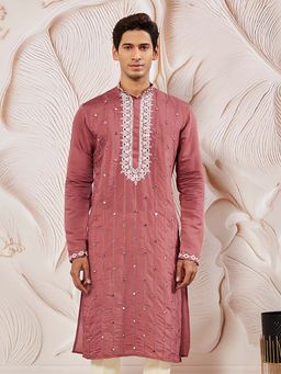 Vastramay - Mens Silk Blend Mauve Embroidered Kurta