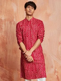 Vastramay - Mens Fushia Pink Rayon Bandhani Printed Kurta